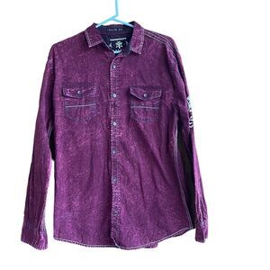 Tranquility Mayhem Slim Fit Burgundy Button Down Top Rebel Graphic Design Goth M